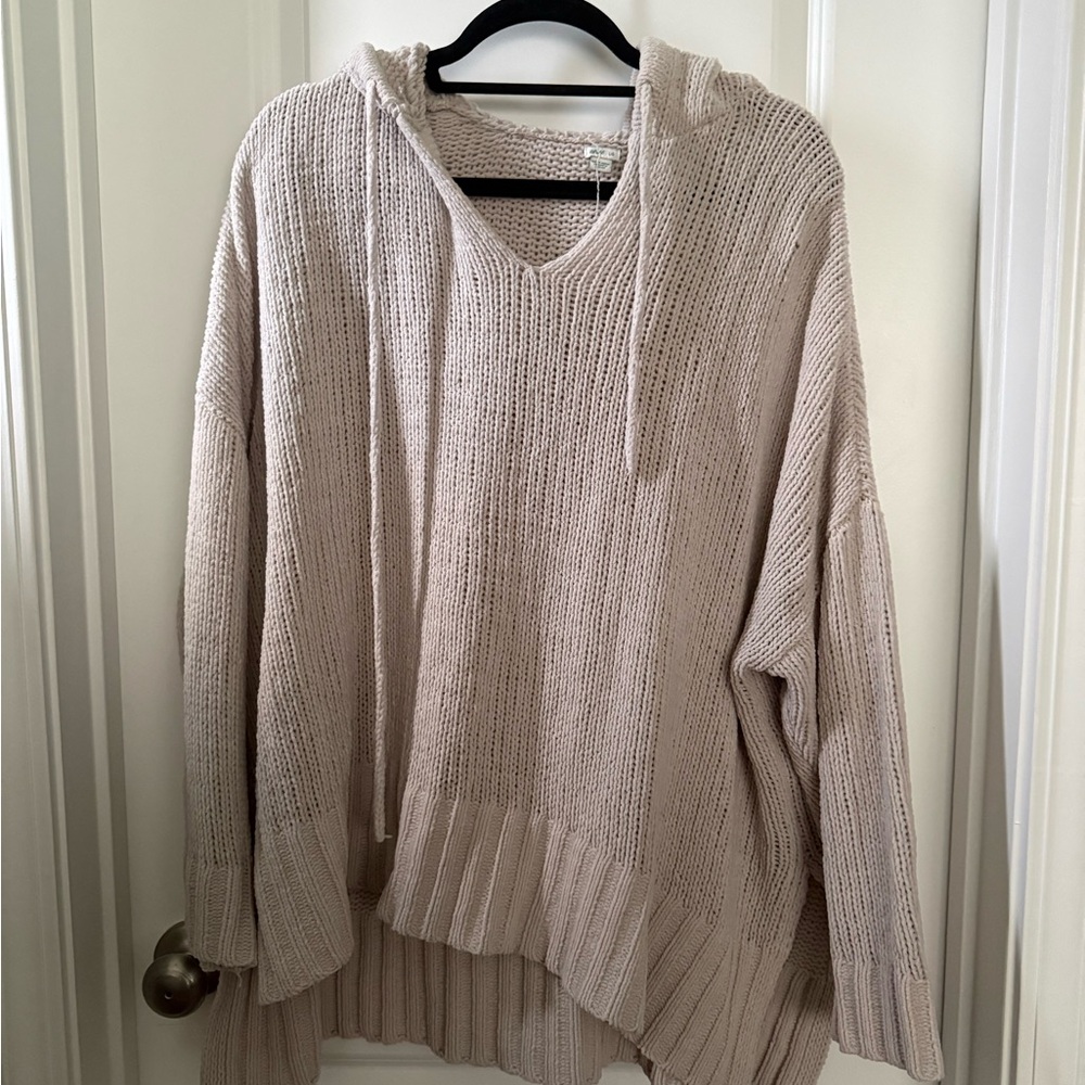 aerie Oversized Hooded V‑Neck Sweater in Light Beige